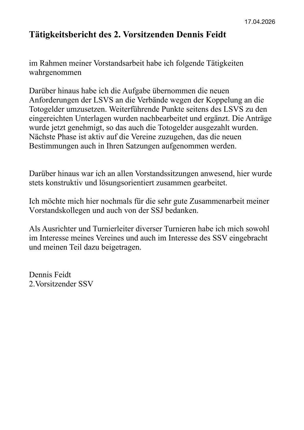 Tätigkeitsbericht SSV Dennis